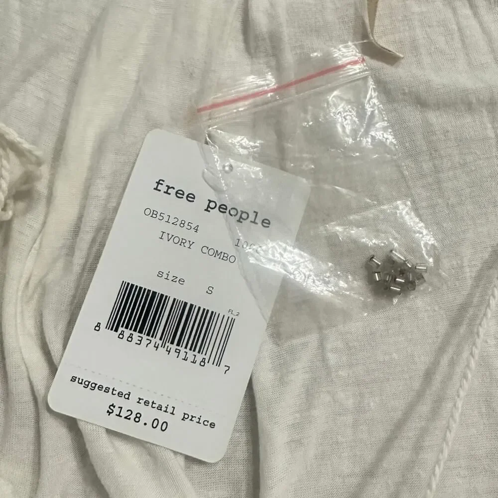 Free People Heat Wave Mini Dress Women's Small Ivory Tunic Babydoll Embroidered